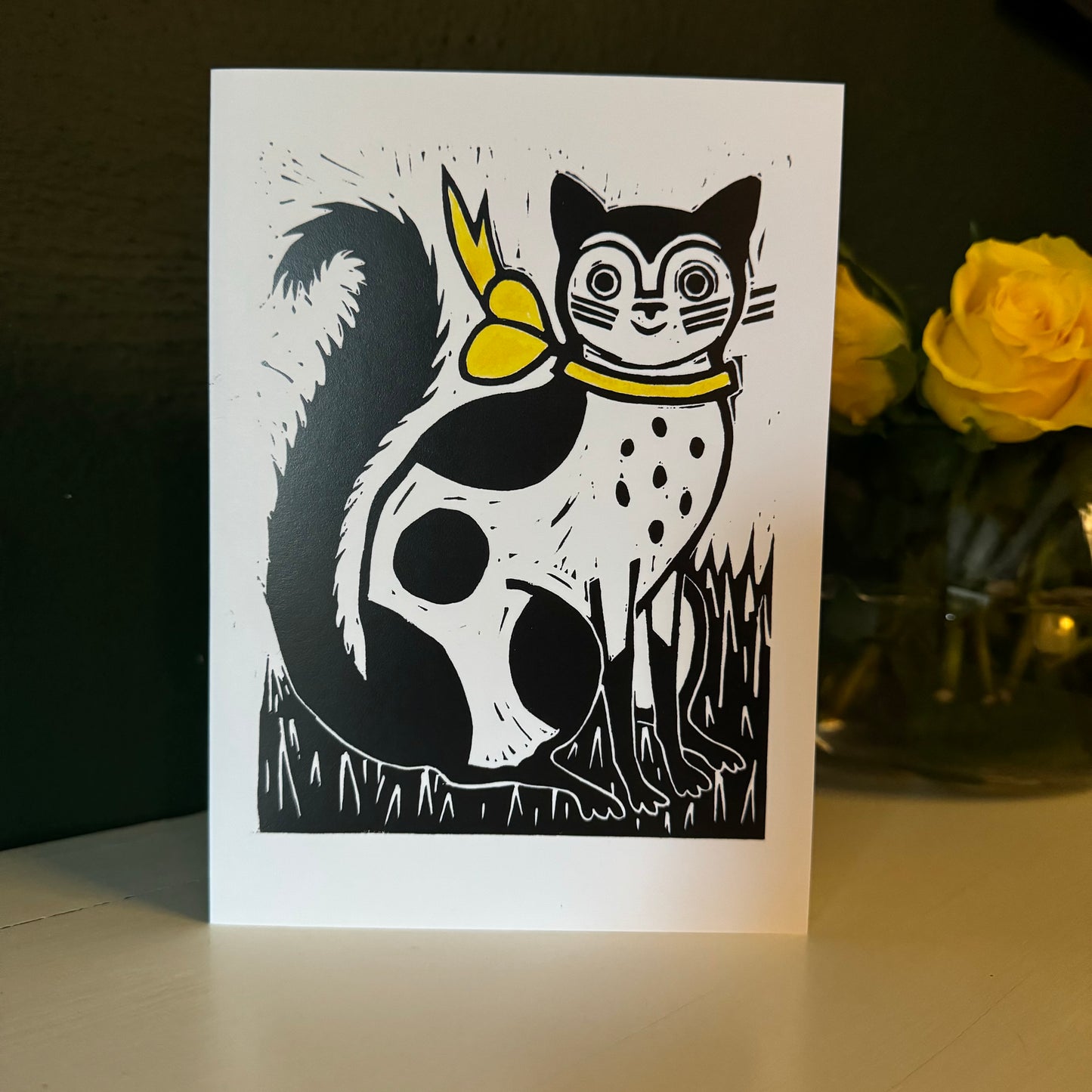 Greetings Card Cat With Yellow Bow Note Card